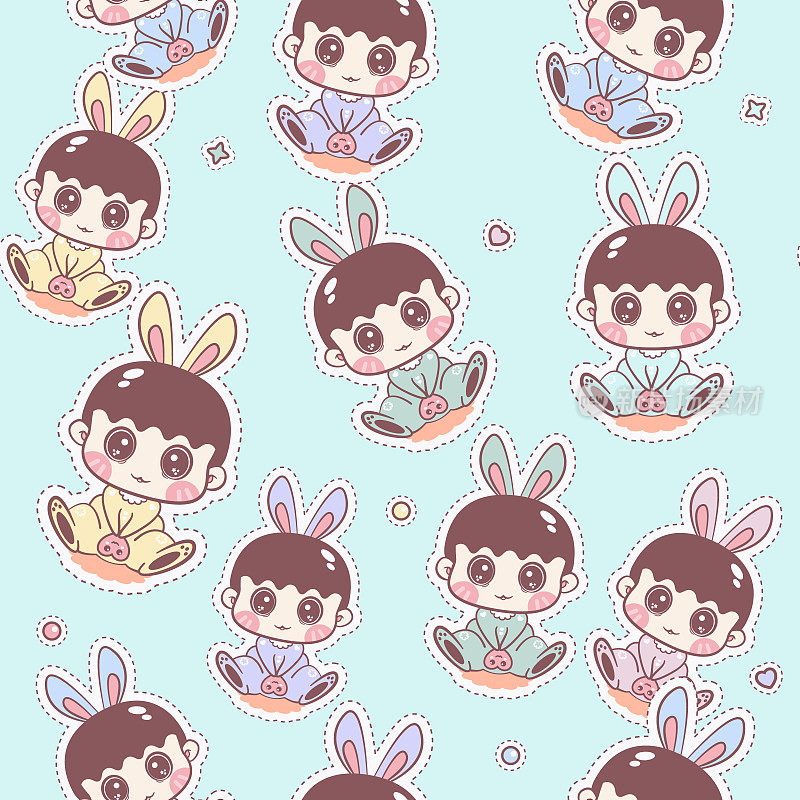 Cute kawaii rabbits seamless pattern. Vector background. It can be used as wallpaper, desktop, card, apparel design, printing, wrapping, fabric or background for your blog, covers and your design.